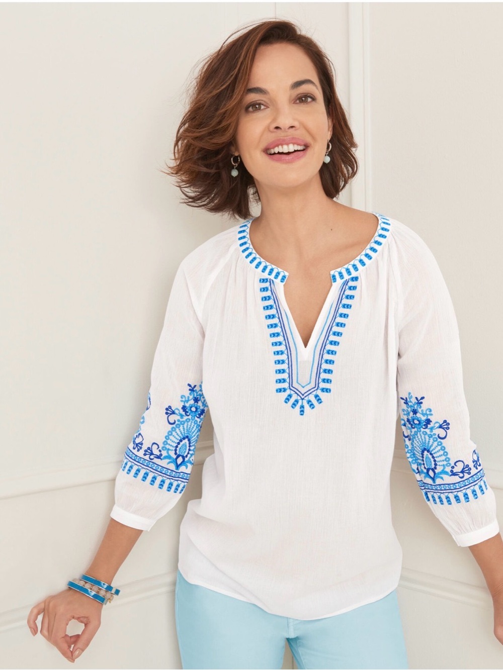 Talbots Crinkle Gauze Embroidered Top